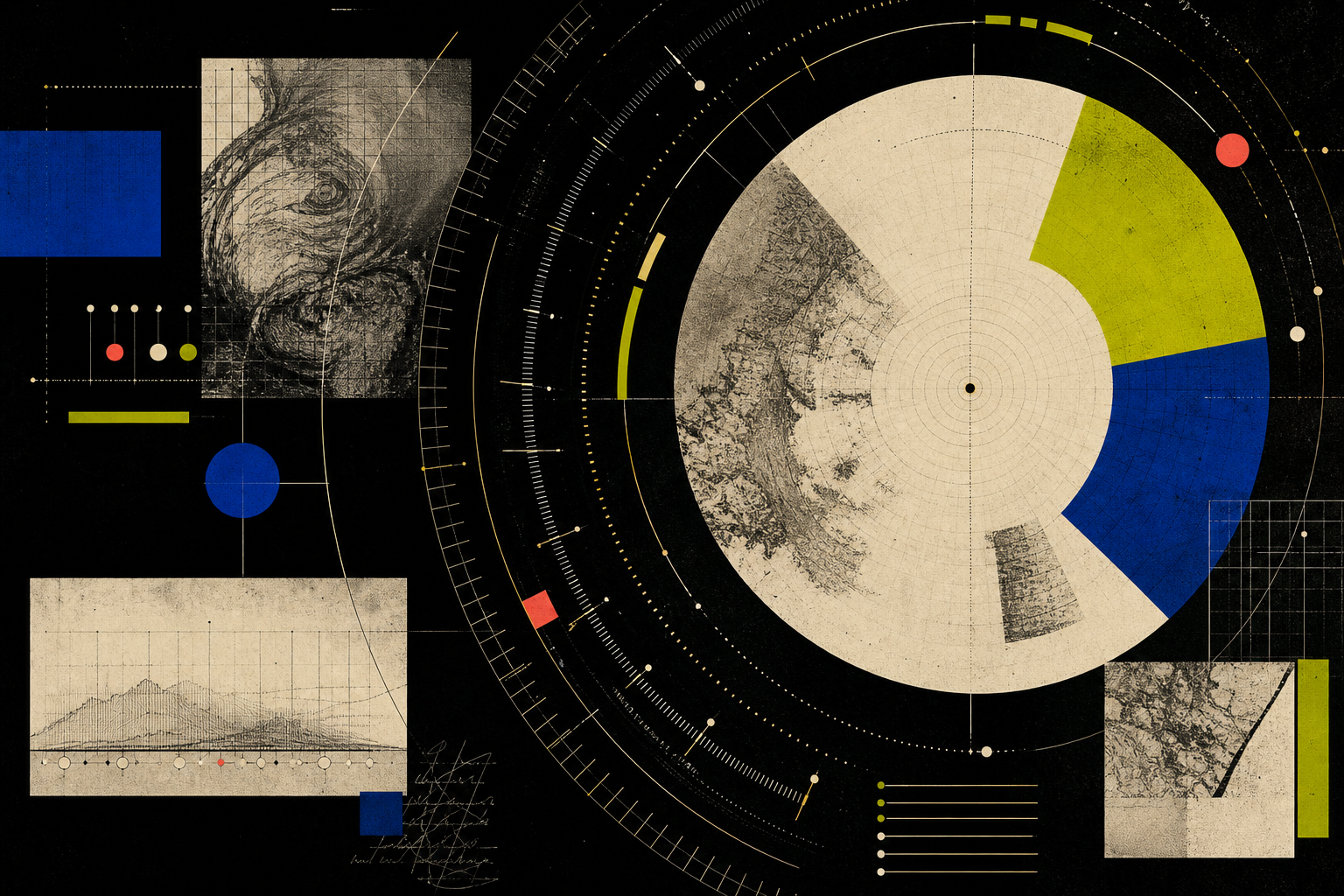 An abstract almanac-style diagram combining a circular chart, market-like lines, archival textures, and colored geometric forms.
